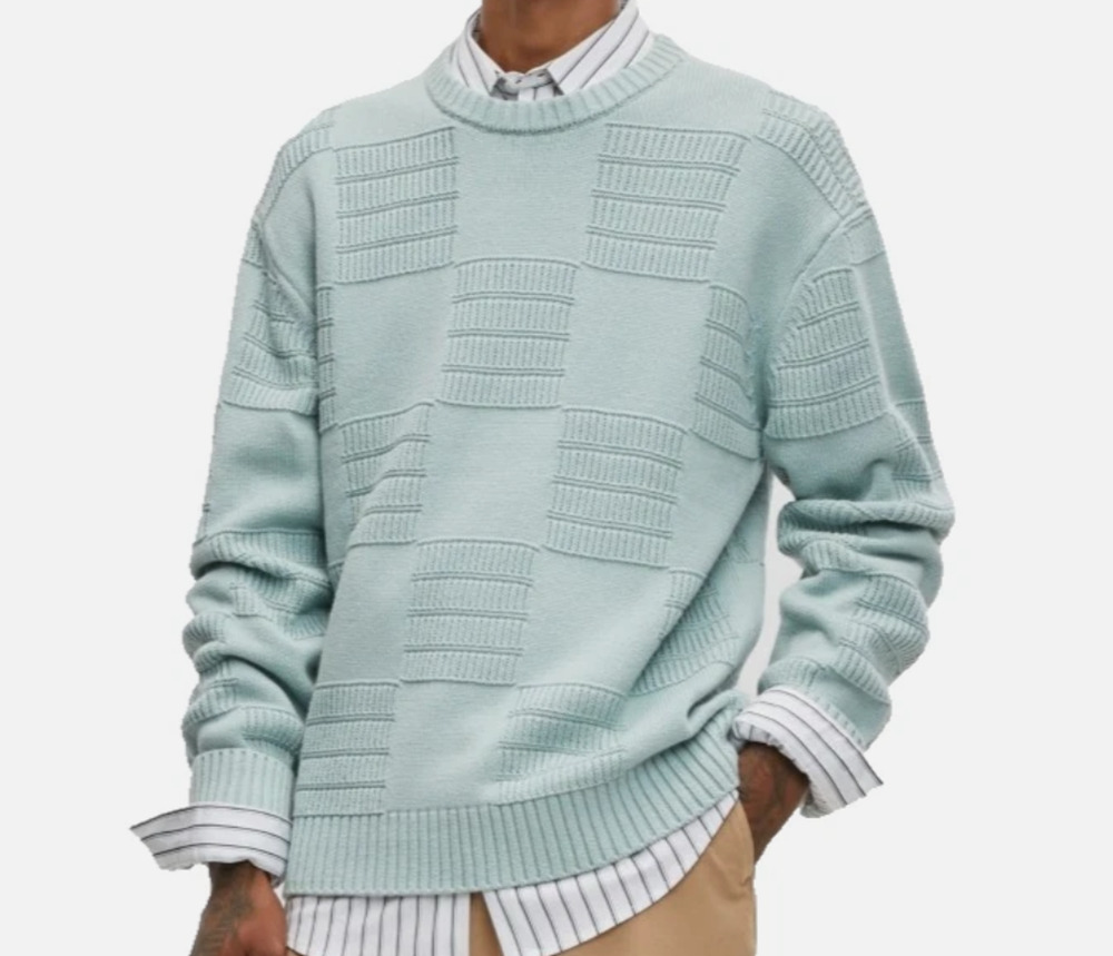 Mode of One Men's Long-Sleeve Relaxed-Fit Textured Check Sweater Blue Fin XXL